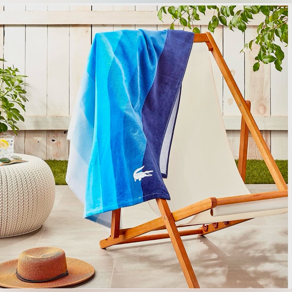 NWT Lacoste Waterfall Blue Oversized Beach Towel Croc Logo 100% 36”x72”